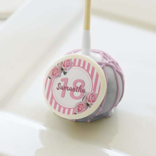 18th birthday pink white stripes flowers name cake pops