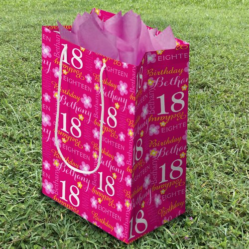 18th Birthday pink yellow custom name gift bag