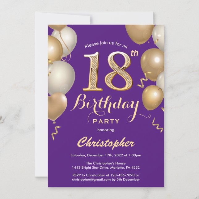 18th Birthday Purple and Gold Balloons Confetti Invitation (Front)