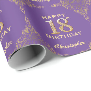 18th Birthday Purple and Gold Glitter Frame Wrapping Paper