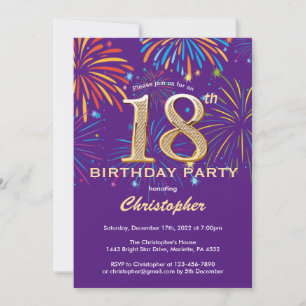 18th Birthday Purple and Gold Rainbow Fireworks Invitation