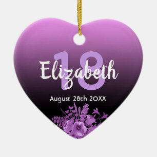 18th birthday purple black floral name ceramic ornament