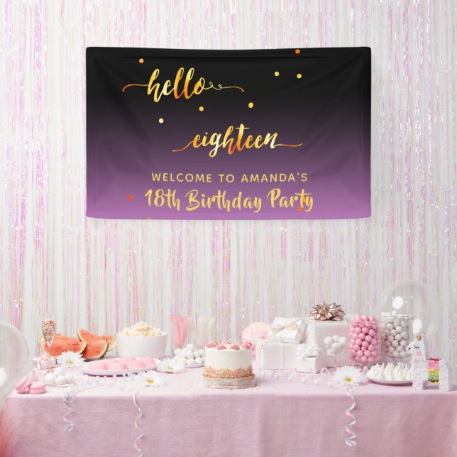 18th birthday purple black hello 18 script name banner (Party)