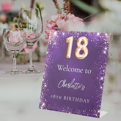 18th birthday purple glitter sparkles welcome pedestal sign