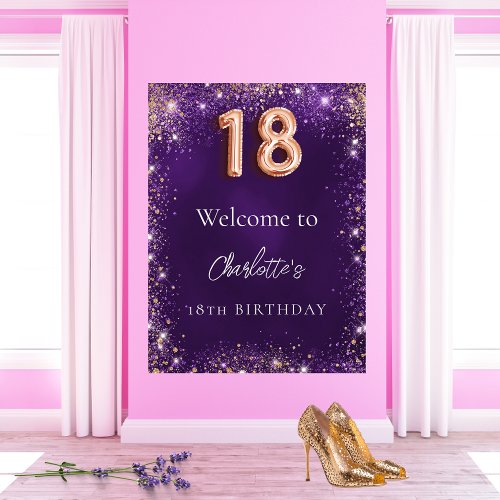 18th birthday purple glitter sparkles welcome poster