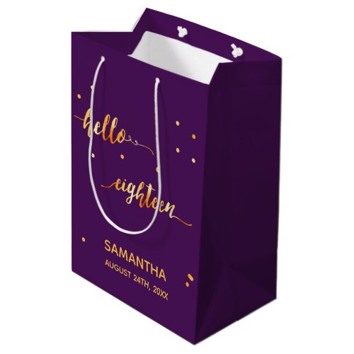 18th birthday purple gold hello 18 script name medium gift bag