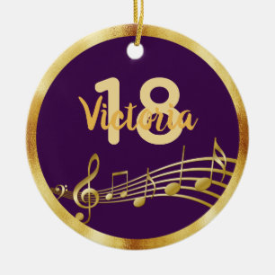 18th birthday purple gold music notes name girl ceramic ornament