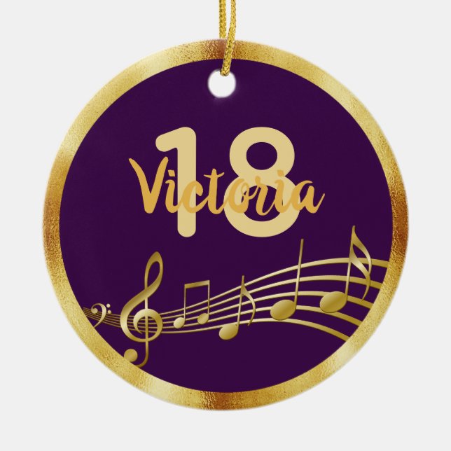 18th birthday purple gold music notes name girl ceramic ornament (Front)