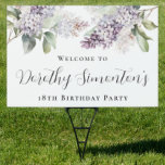18th Birthday Purple Lilac Flower Welcome Yard Sign<br><div class="desc">Soft watercolor purple lilacs create a pretty springtime 18th birthday welcome yard sign. The calligraphy adds an elegant touch. All of the text is easily edited. This item is part of the Purple Spring Lilac Flower collection. It lets you choose a theme and then easily create a unique invitation suite,...</div>
