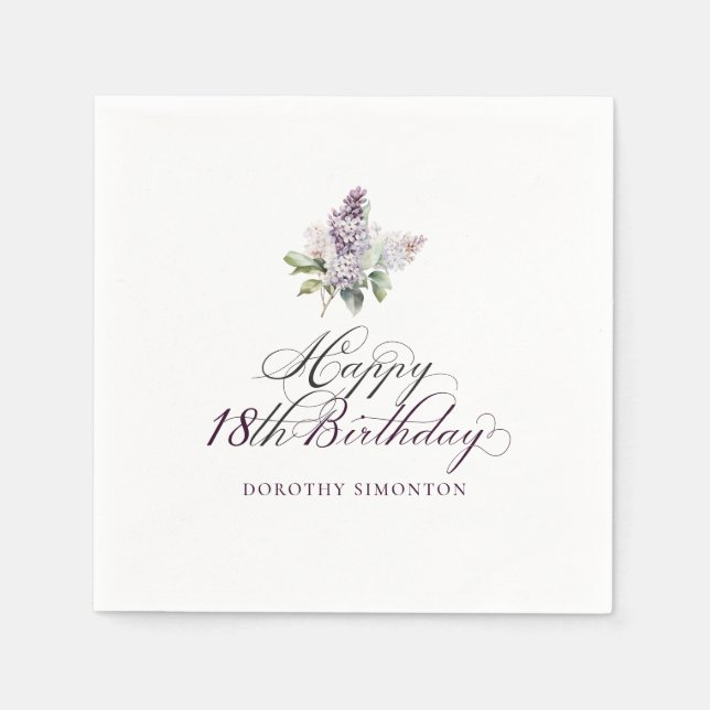 18th Birthday Purple Lilac Spring Flower Cocktail Napkins (Front)