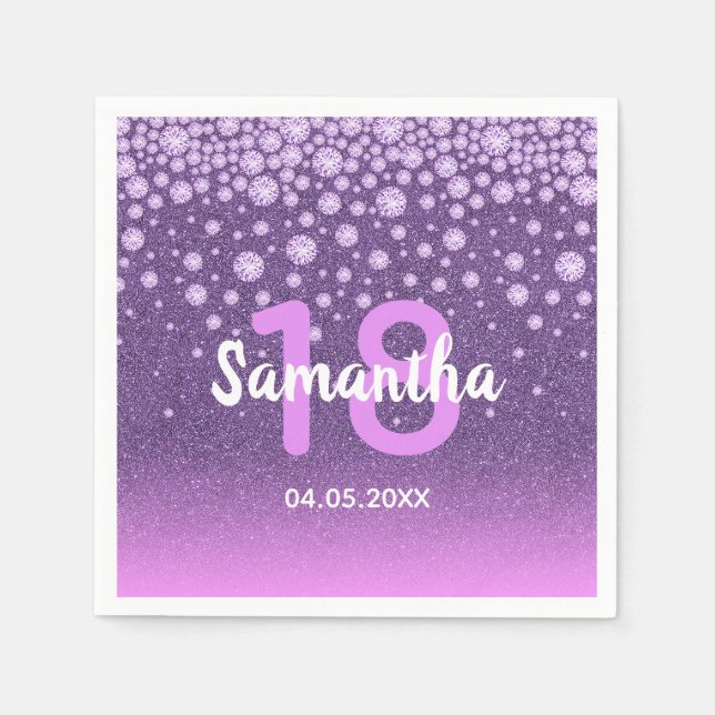 18th birthday purple pink glitter name diamonds napkins (Front)