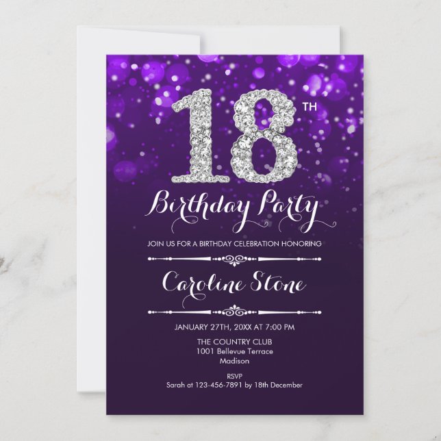 18th Birthday - Purple Silver Invitation (Front)