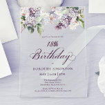 18th Birthday Purple Spring Lilac Flower Acrylic Invitations<br><div class="desc">Soft watercolor purple lilacs create a pretty spring 18th birthday invitation. The typography adds an elegant aesthetic. It is part of the Purple Spring Lilac Flower collection. It lets you choose a theme and then easily create a unique invitation suite, welcome signs and party decorations. Party planning becomes fun and...</div>