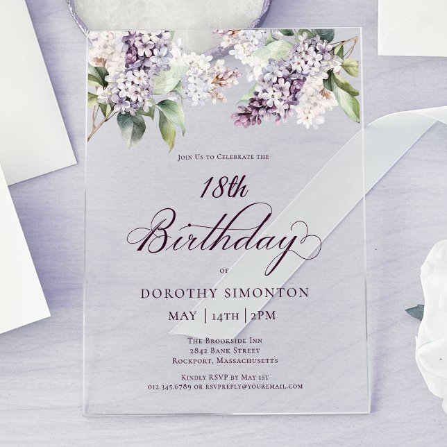 18th Birthday Purple Spring Lilac Flower Acrylic Invitations (Creator Uploaded)