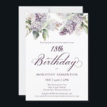 18th Birthday Purple Spring Lilac Flower Invitation<br><div class="desc">Soft watercolor purple lilacs create a pretty springtime 18th birthday invitation. The calligraphy adds an elegant aesthetic. All of the text is editable so you can set just the right tone. You can easily change fonts and color as well. This 18th birthday invitation is available in both traditional cardstock and...</div>