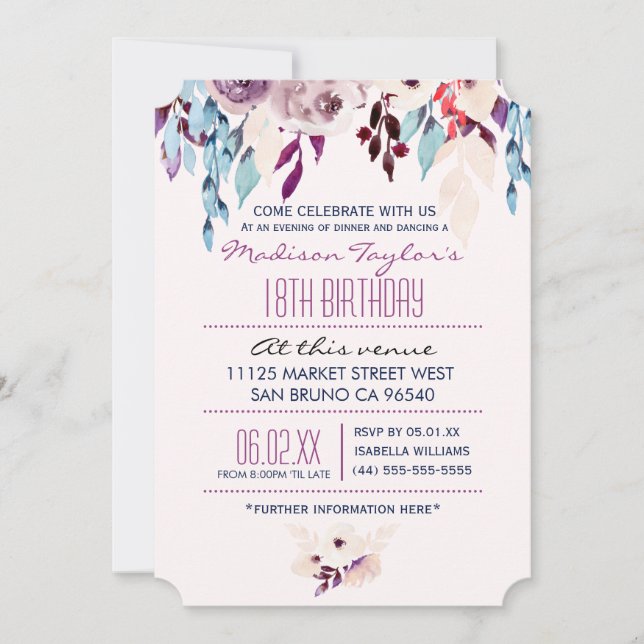 18th Birthday Purple & Turquoise Watercolor Flower Invitation (Front)