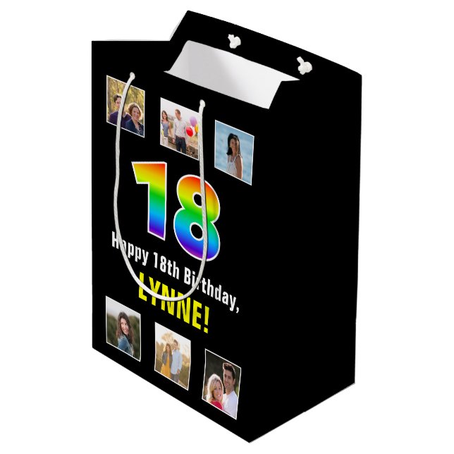 18th Birthday: Rainbow “18“, Custom Photos & Name Medium Gift Bag (Back Angled)