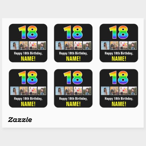 18th Birthday Rainbow 18 Custom Photos  Name Square Sticker