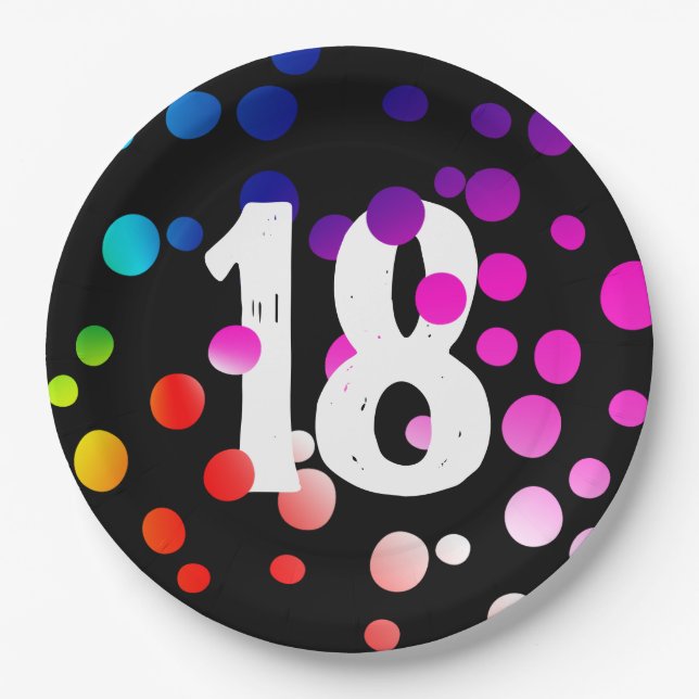 18th Birthday Rainbow Dots on Black Paper Plates (Front)