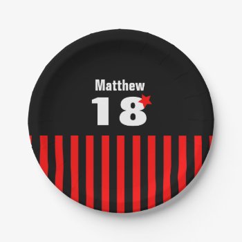 18th Birthday Red Black Stripes And Star R11z Paper Plates by JaclinArt at Zazzle