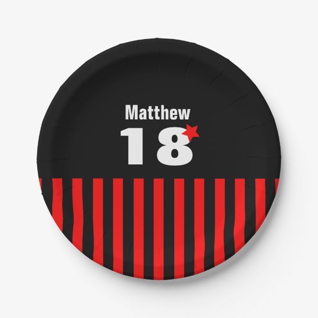 18th Birthday Red Black Stripes and Star R11Z Paper Plates (Front)
