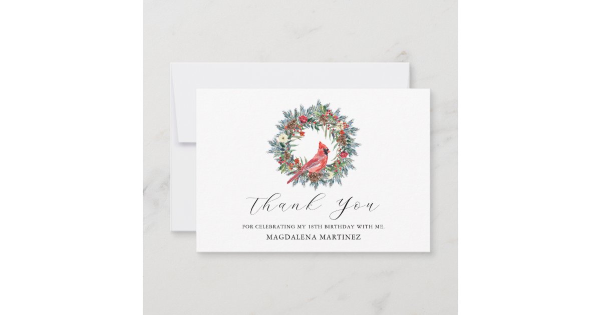 18th Birthday Red Cardinal Wreath Custom Flat Thank You Card | Zazzle