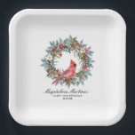 18th Birthday Red Cardinal Wreath Custom Paper Plates<br><div class="desc">Elegant watercolor red cardinal framed by a classic winter pine wreath. Red and white flowers,  berries and pinecones add to the greenery. Three lines of text let you customize your party supplies.</div>
