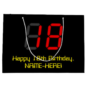 18th Birthday: Red Digital Clock Style "18" + Name Large Gift Bag