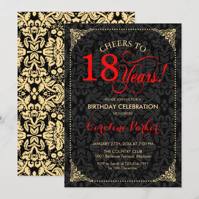 18th Birthday - Red Gold Black Damask Invitation (Front/Back)