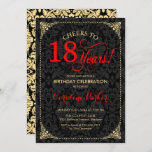 18th Birthday - Red Gold Black Damask Invitation<br><div class="desc">18th Birthday Invitation.
Elegant vintage black,  red and faux gold design with damask pattern. Features script font. Cheers to 18 years! Can be personalized into any age! Message me if you need further customization.</div>
