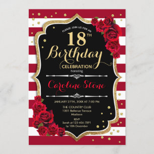 18th Birthday - Red Gold Black White Stripes Roses Invitation
