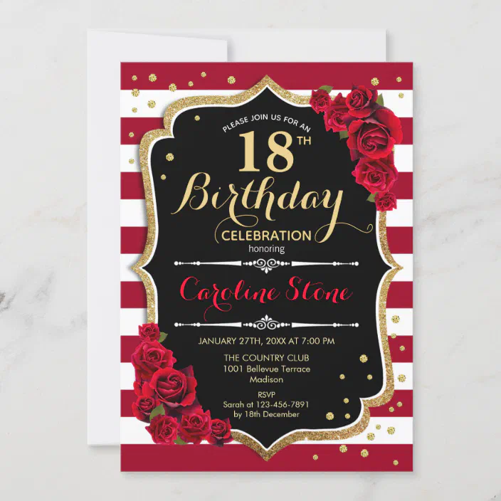 Black & White Stripy Gold 18th Personalised Birthday Party Invitations 
