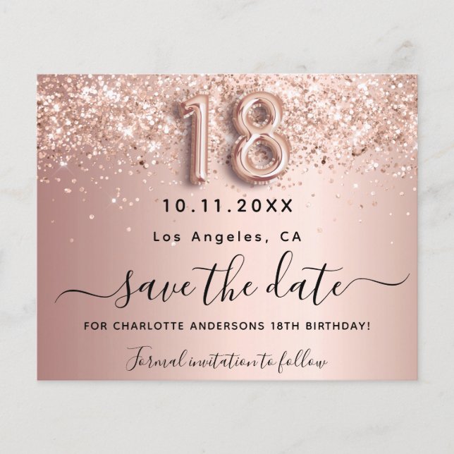 18th birthday rose glitter budget save the date flyer (Front)