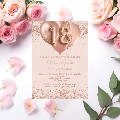 18th birthday rose gold balloons invitation