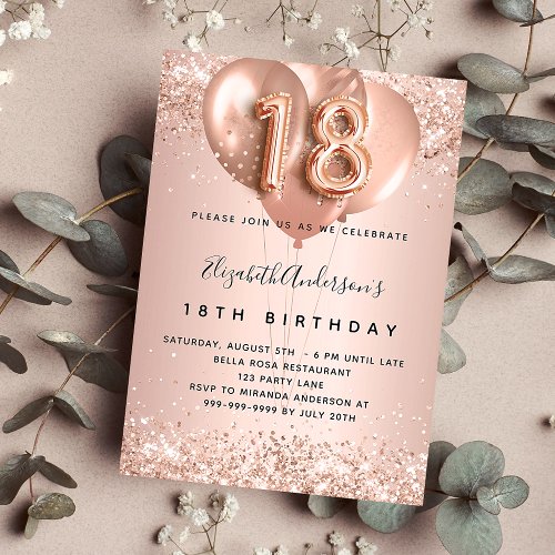 18th birthday rose gold blush balloons glamorous invitation