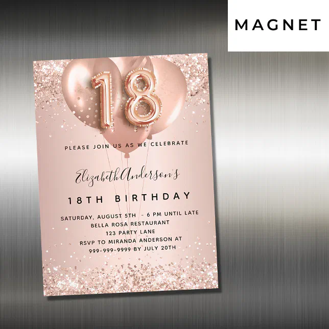 18th birthday rose gold blush balloons luxury magnetic invitation | Zazzle