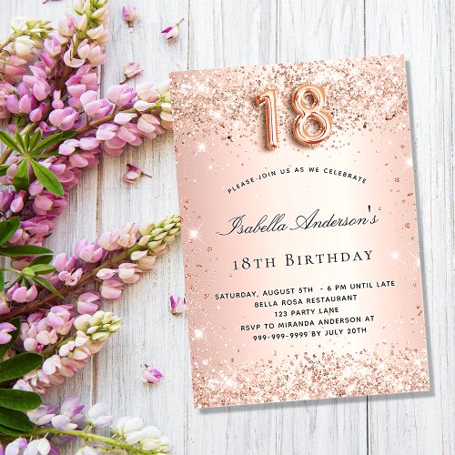 18th birthday rose gold blush glitter dust invitation postcard