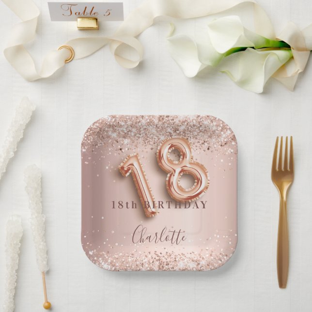 18th birthday rose gold blush glitter name paper plates (Wedding)