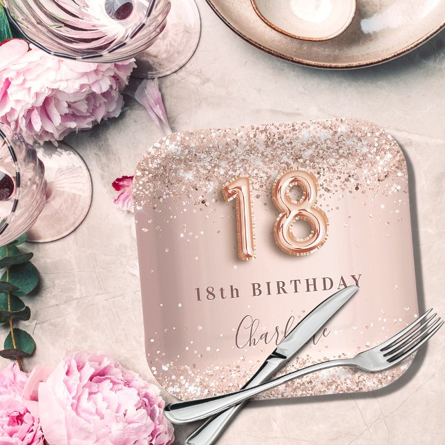 18th birthday rose gold blush glitter name paper plates (Creator Uploaded)