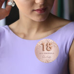 18th birthday rose gold blush glitter name tag button<br><div class="desc">Elegant, classic, glamorous and girly name tag for a 18th birthday party. Rose gold and blush gradient background. Decorated with rose gold, faux glitter, sparkles. Personalize and add a name. The name is written with a modern dark rose colored hand lettered style script. Number 18 is written with a balloon...</div>