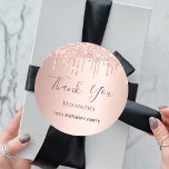 18th Birthday rose gold blush glitter Thank You Classic Round Sticker<br><div class="desc">A sticker for a girly and glamorous 18th birthday party. A faux rose gold metallic looking background with an elegant faux rose gold and pink glitter drips, paint drip look. The text: Thank You is written in dark rose gold with a large modern hand lettered style script. Tempate for a...</div>
