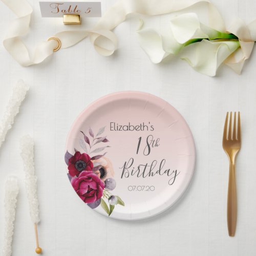18th birthday rose gold blush pink floral paper plates