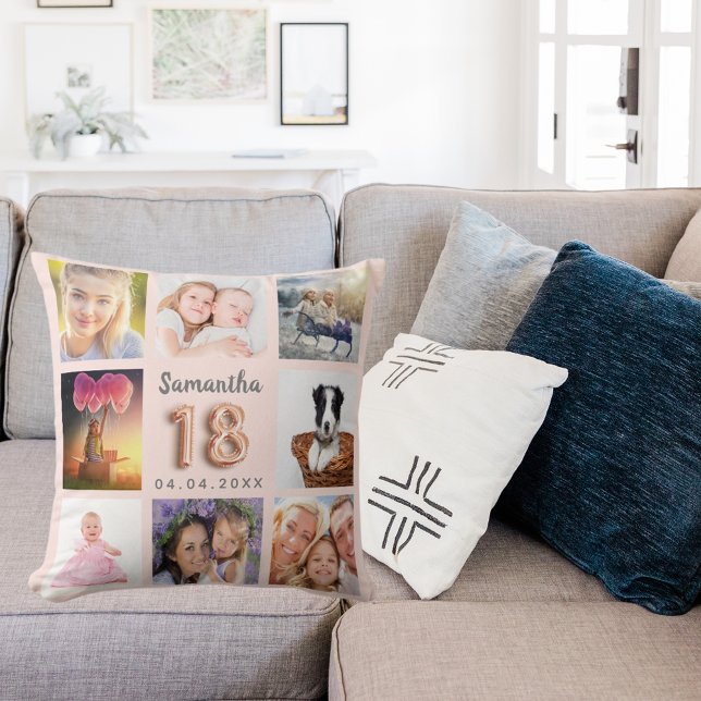 18th birthday rose gold blush pink photo collage throw pillow (Creator Uploaded)