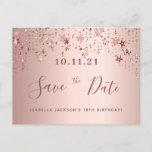 18th birthday rose gold blush stars save the date postcard<br><div class="desc">A feminine and glamorous Save the Date card for a 18th birthday party 18 years old. A feminine pink, rose gold faux metallic looking background decorated with faux rose gold sparkling stars. Templates for a date and your text. Dark rose gold colored letters. The text: Save the Date is written...</div>