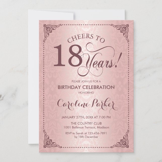 18th Birthday - Rose Gold Damask Invitation (Front)