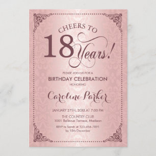 18th Birthday - Rose Gold Damask Invitation