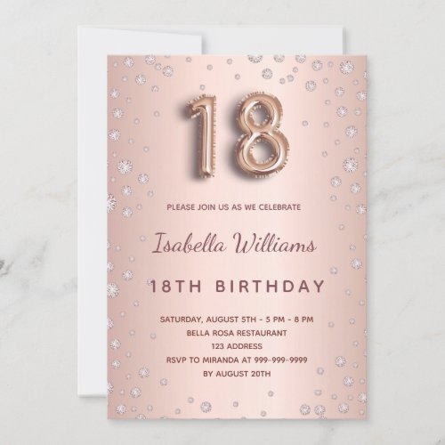 18th birthday rose gold diamons balloon script invitation