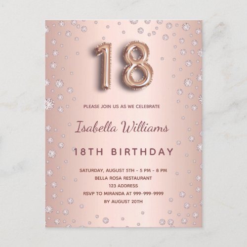 18th birthday rose gold diamons balloon script postcard