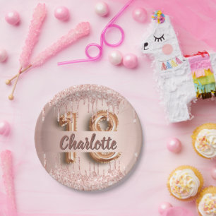 18th birthday rose gold drips name paper plates