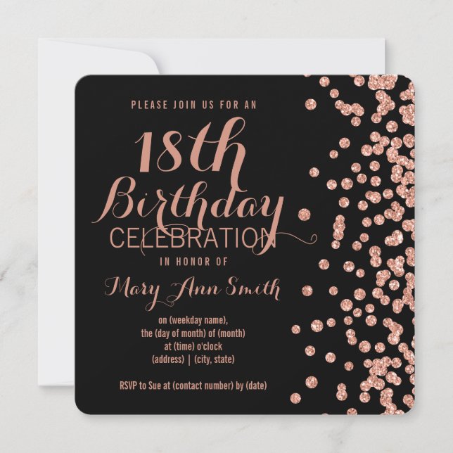 18th Birthday Rose Gold Faux Glitter Confetti Blac Invitation (Front)
